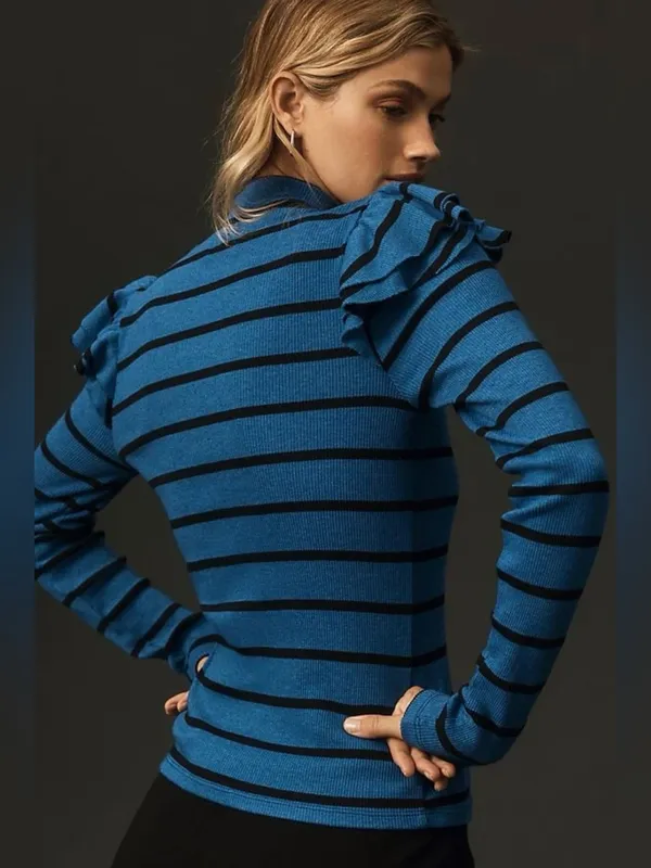 NWT Anthropologie T. La Ruffled turtleneck Top blue black minimalist fall chic M - Image 3