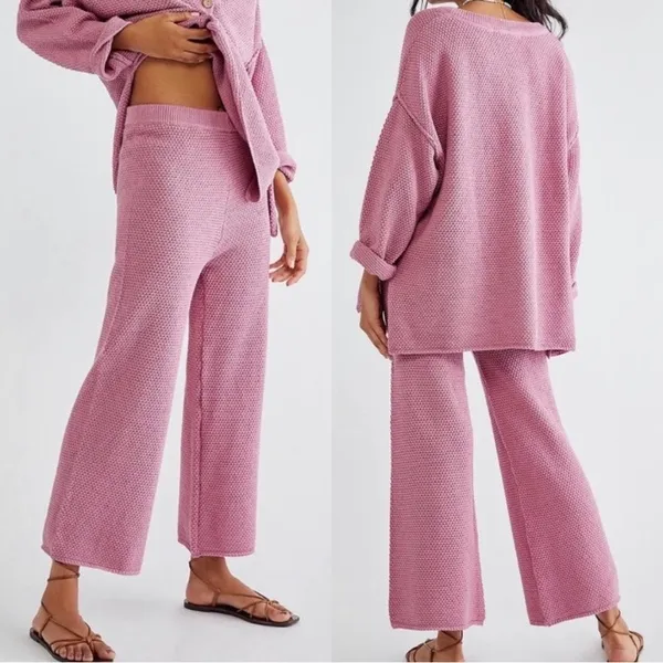 Free People Rose Pink Hailee Sweater Waffle Knit Wide Leg Cropped Pants Sz.L - Image 3