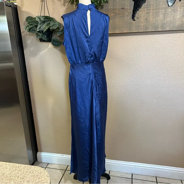 Lulus Classic Elegance Blue Satin Sleeveless Mock Neck Maxi Dress - Image 5