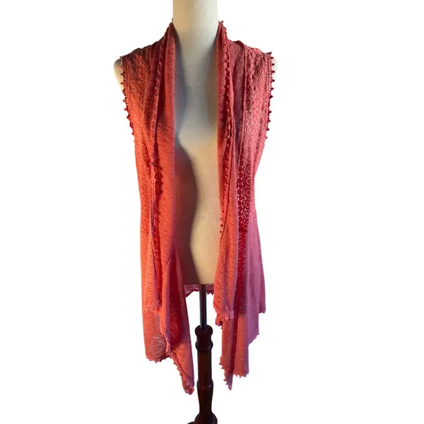 Coral Lace Crochet Long Vest Open Front Draped boho sleeveless - Image 7