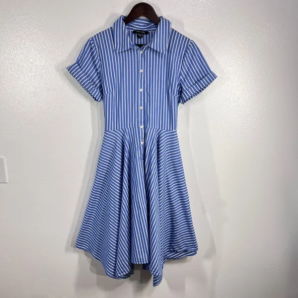 Ivy + Blu Striped‎ Shirt Dress Fit & Flare handkerchief hem Cotton Blue White 10 - Image 3