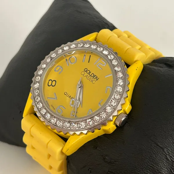 Golden Classic Crystal Bezel Yellow Dial Silicon Strap Women’s Watch Working - Image 2