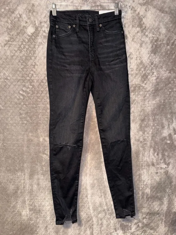 American Eagle Super Hi-Rise X4 Jegging Size 0 Black Ripped Jeans - Image 3