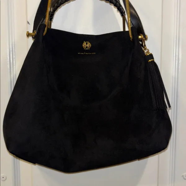 House Of Harlow 1960 Black Suede Bag W/ Shoulder Strap Gold/Brass Toned Handle - Image 4