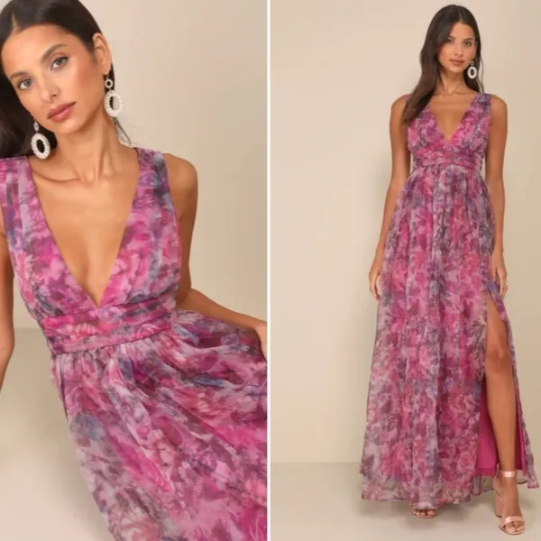LULU's Floral Sexy Flowy Prom Wedding Chic Elegant Magenta Maxi Dress - Image 2