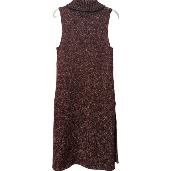 Anthropologie Marled Knit‎ Sleeveless Slit Turtleneck Sweater Tunic Burgundy MED - Image 5