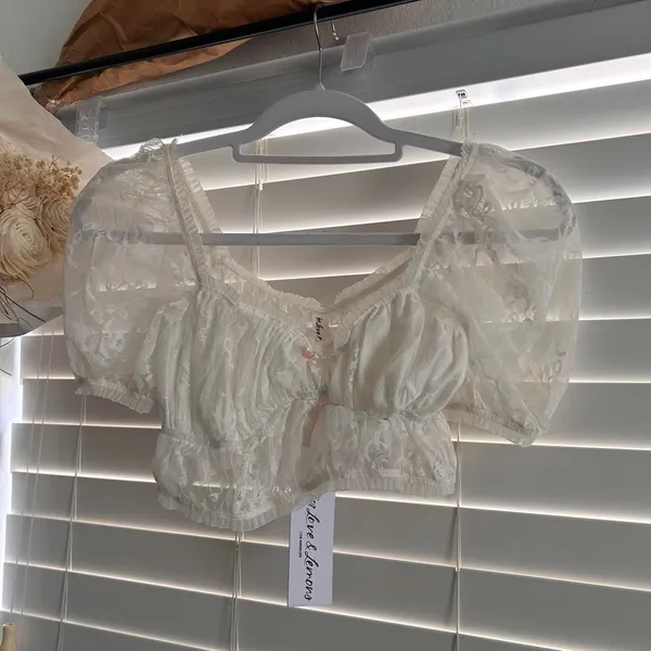 For-love-lemons Women's Cream and White Crop-top - Image 2