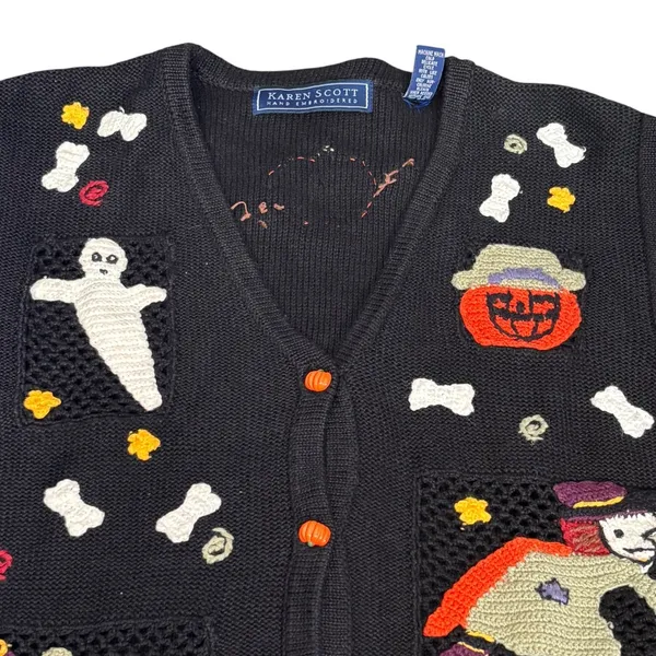 Vintage Karen Scott Halloween Sweater Vest Hand Embroidered Ghost Pumpkin Witch - Image 8