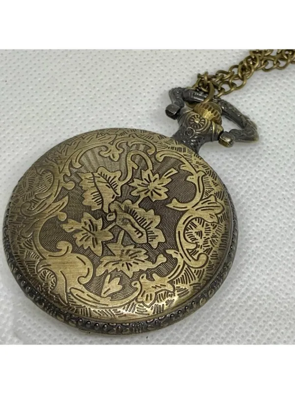 Quartz analog Pocket Watch bronze tone 45mm white dial chain necklace running - Image 3