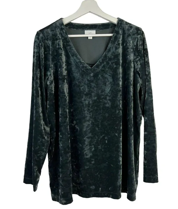 J. Jill Sz M Crushed Velvet Blouse V-Neck Shirred Back Long Sleeve Green Holiday - Image 2