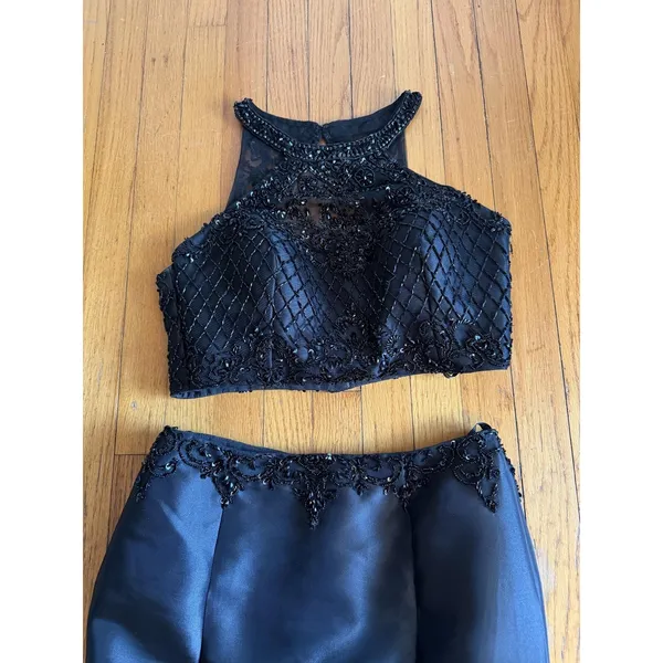 Morilee Dress Set Womens 12 Black Beaded Halter Crop Top Long Skirt Formal Prom - Image 2