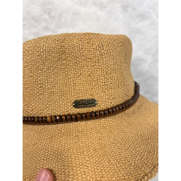 Sun N Sand Tan Woven Straw Bucket Hat UPF 50+ Wood Bead Band Adjustable - Image 5
