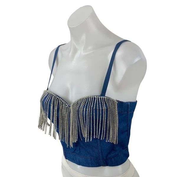 Women's Blue Fringe Rhinestone Corset Bustier Sleeveless Denim Crop Top Size 8 - Image 2