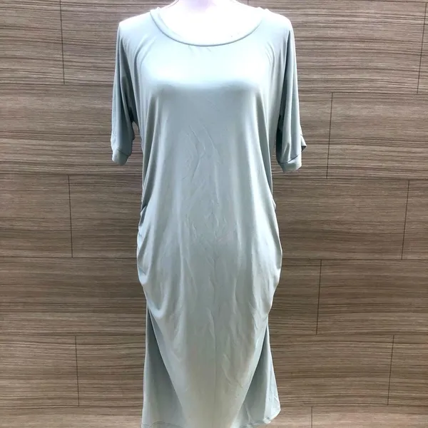 Pip & Vine Rosie Pope Maternity Dress Size M Ruched Sage Green Short Sleeve Midi - Image 2