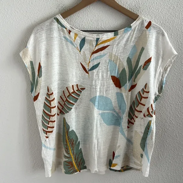 Cynthia Rowley 100% Linen Boxy Leaf Print Top Blouse Medium - Image 2
