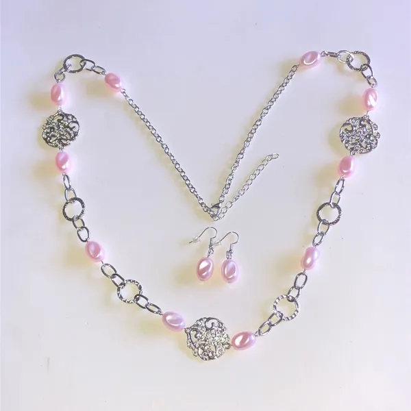 Silver Tone Filigree & Pink Faux Pearl Necklace and Earring Set - Image 2