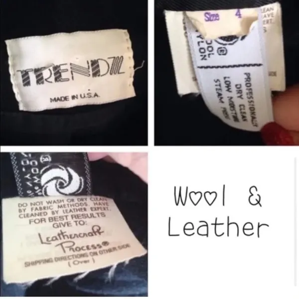 Vintage Leather & Wool Coat Double Breasted TRENDZ Size 4 Retro Classic Black - Image 4