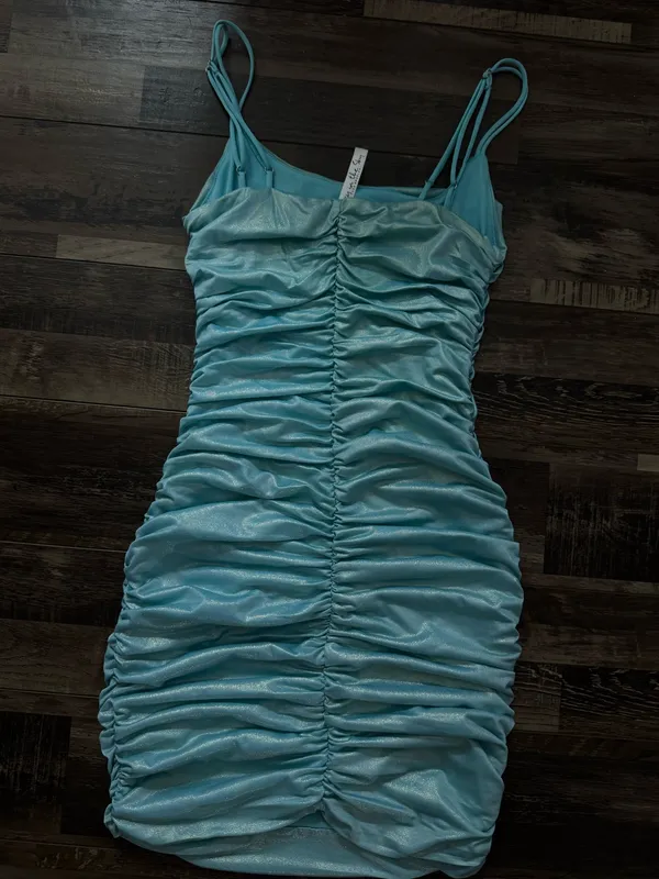 Lucy in the Sky Ruched Mini Dress Aquamarine Size S - Image 4