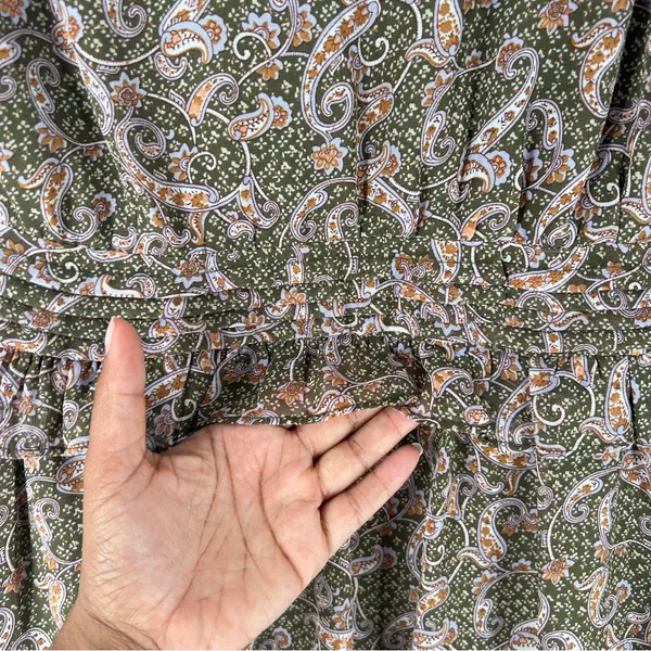 Love Riche Chiffon Olive Paisley Ruffle Long Sleeve Peasant Tiered Maxi‎ Dress M - Image 8