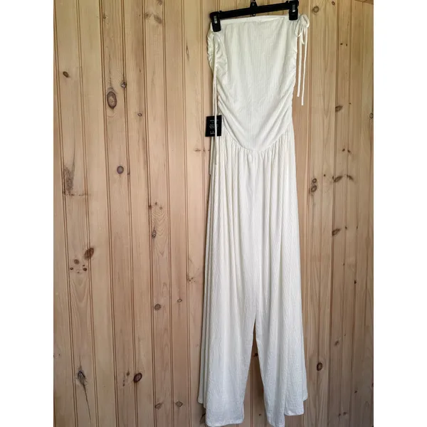 NWT Lulus Halloran White Pointelle Strapless Wide-Leg Jumpsuit Classy Party Sz L - Image 7