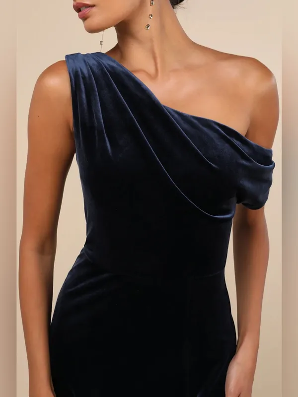 Lulus Coveted Confidence Navy Blue Velvet Asymmetrical Maxi Dress Size Large NWT - Image 3