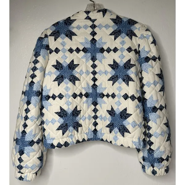 House Of Harlow 1960 Quilted Puffer Jacket Women L Cream Blue Retro Cottagecore - Image 2