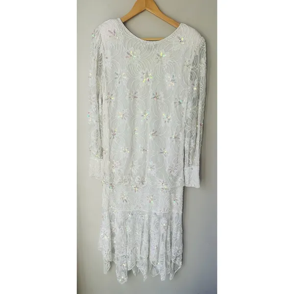 VTG Megere White Sequin Beaded‎ Dress M Long Sleeve Ruffle Hem Formal Wedding - Image 7