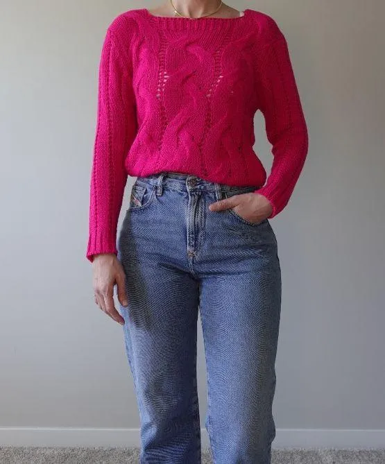 Fuchsia Pink Knit Cozy Square Neck Sweater One Size - Image 4