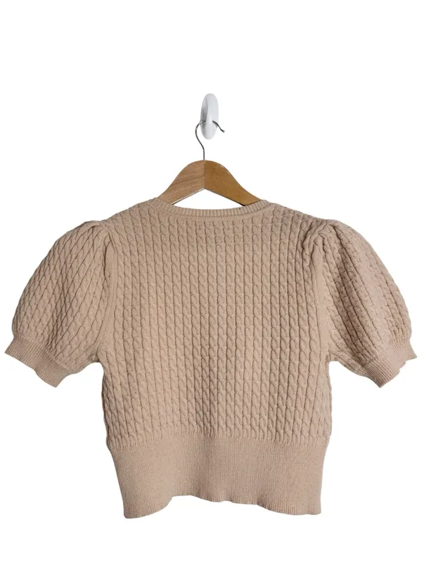 MAJORELLE Revolve Cable Knit Puff Short Sleeve Sweater Tan Button Shoulder sz S - Image 2