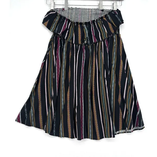 Torrid Size 2 Strapless Ruffle Dress Black Multicolor Stripe Boho Smocked Rayon - Image 2