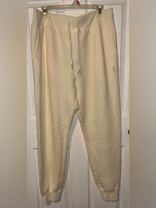 Polo Ralph Lauren Women large Cotton quilted Jacquard Clbhouse Cream Jogger Pan - Image 2