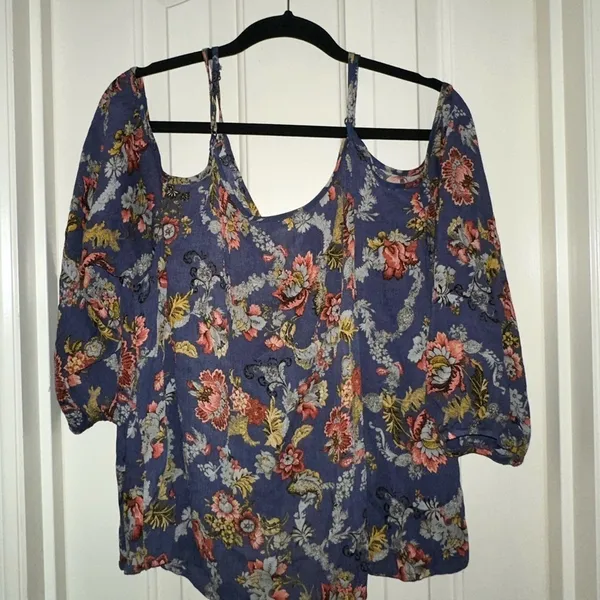 Bishop + Young Blue Romantic Floral Boho Cold Shoulder Blouse Women'S Sz L - Image 4