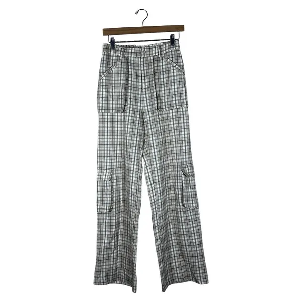 American Threads Plaid Cargo Wide Leg Pants Tan Utility Streetwear Size Medium - Image 2