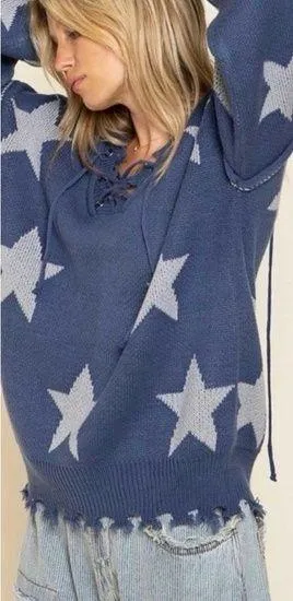 𝅺 Bohemian sweater with tattered raw edges, and Lace up front and back Med - Image 2