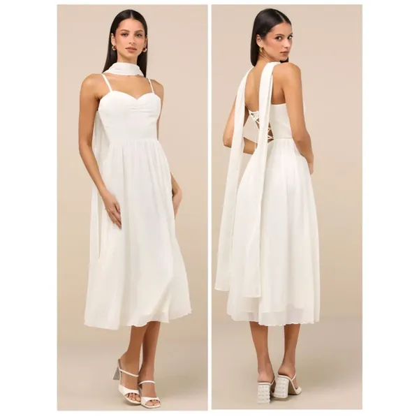 Lulus Irresistibly Darling Ivory Chiffon Midi Dress and Scarf Set Size Large NWT - Image 2