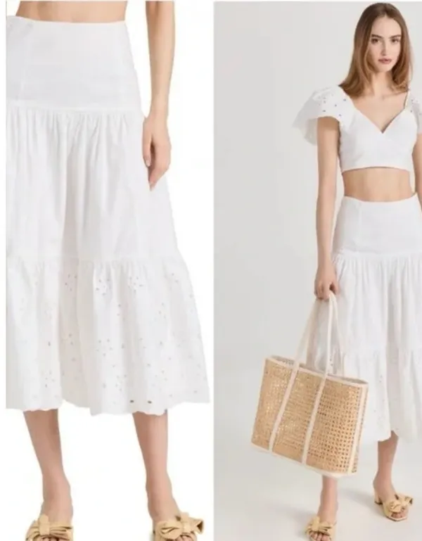 En Saison Byblos White Eyelet Tiered Midi‎ Skirt Cotton Boho Sz M NWT - Image 2