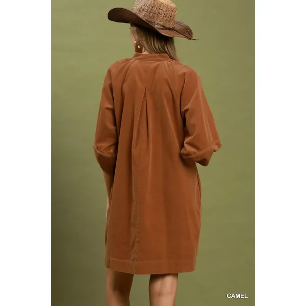 Umgee Corduroy V-Neck Puff Sleeve Shift Dress with Pockets - Camel - Small - Image 3