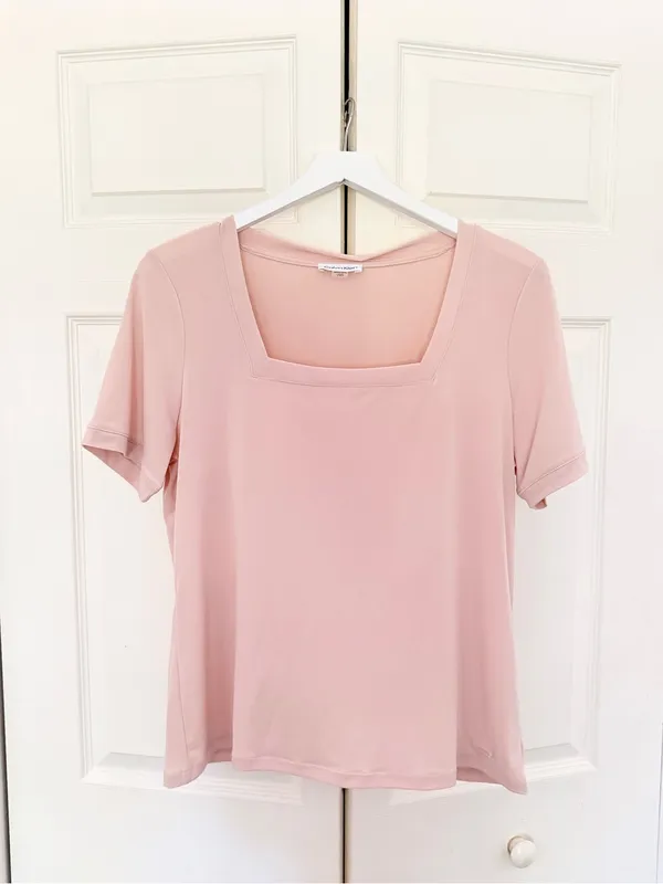 Calvin Klein Square Neck Top Short Sleeve Peach Pink Nude Solid Large - Image 2