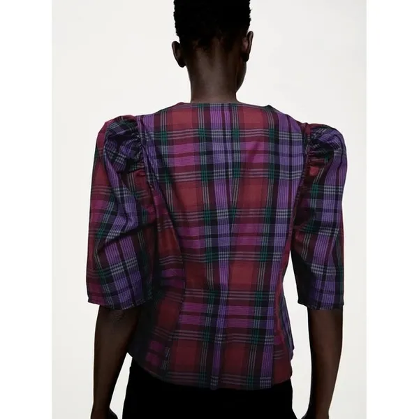 Zara Plaid Puff Sleeve Blouse‎ Women Size Medium Purple Red V-Neck Button Front - Image 3
