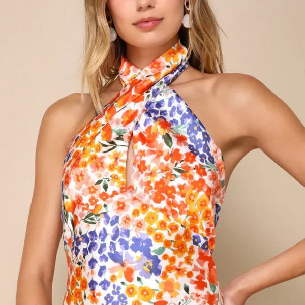 Lulus Bold Presence Orange Multicolor Floral Satin Halter Midi Dress - Image 2