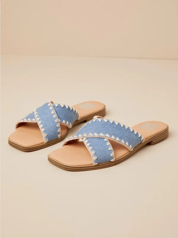 DV by Dolce Vita Light Blue Denim Cross-Strap Slide Sandals with Cream Stitching - Image 2