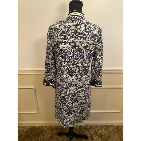 Tory Burch Tunic Shift Dress Mosaic Navy Blue White Tile Work Design Coastal - Image 3