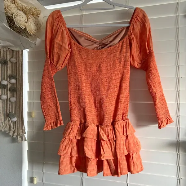 Tularosa Coral Orange Smocked Ruffle Milk maid Mini Dress Size Small - Image 3