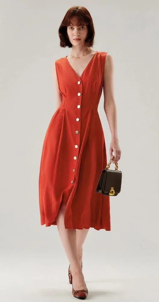 Rihoas Red V-neck Button Sleeveless Midi Dress - Image 4