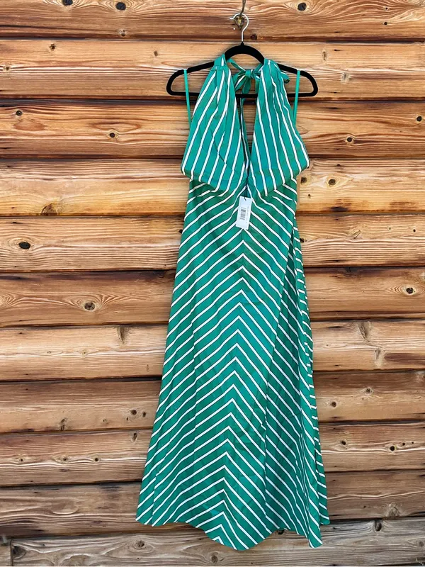 Few Moda o.p.t Green Size M Noelle Stretch Cotton Halter Long Striped Maxi Dress - Image 6