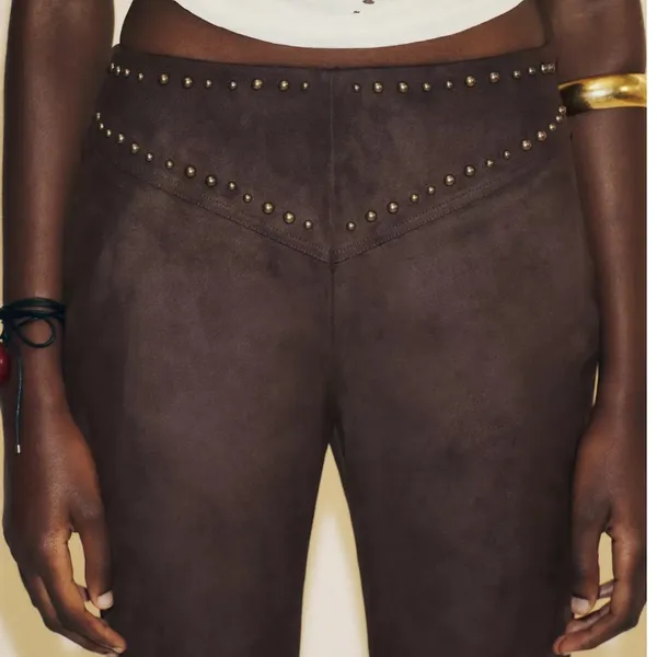 Zara NWT brown studded faux suede embellished pants - Image 5
