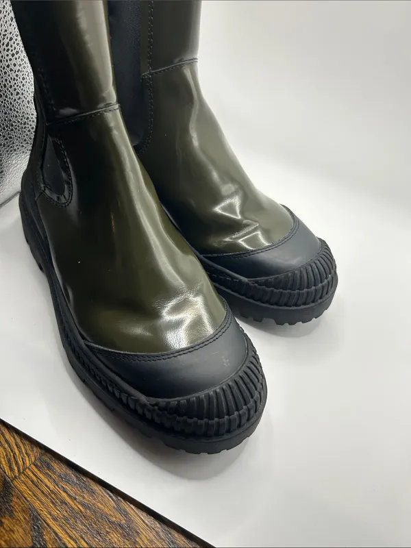 Scotch & Soda olive green leather and black combat boots Connie size 7.5 US moto - Image 4