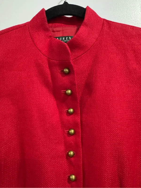 LAUREN Ralph Lauren Red Linen Military Jacket Mandarin Collar Brass Buttons Sz 6 - Image 7