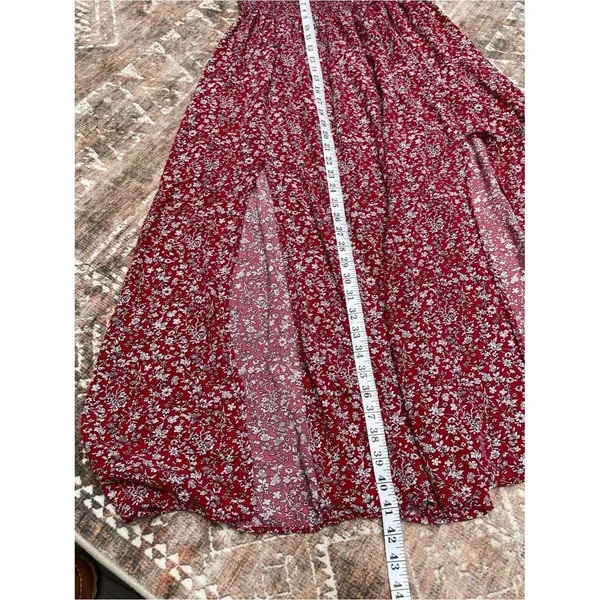 Cottagecore Boho Off Shoulder smocked Floral Maxi Dress Beach Slit Red white M/L - Image 12