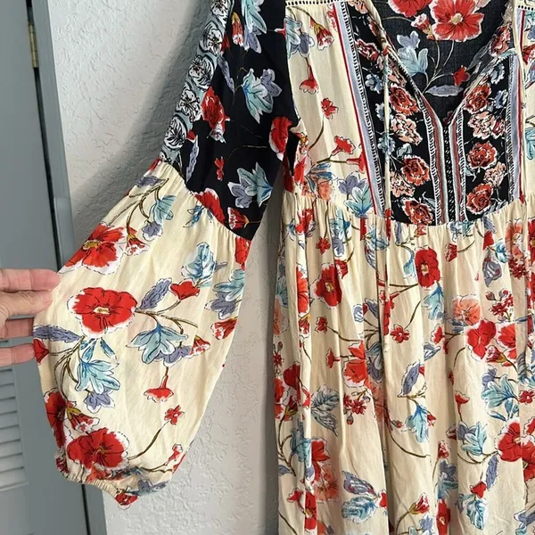 Patrons of Peace Red Blue Cream Floral Mini Dress Ruffle Festival Boho Hippie - Image 2